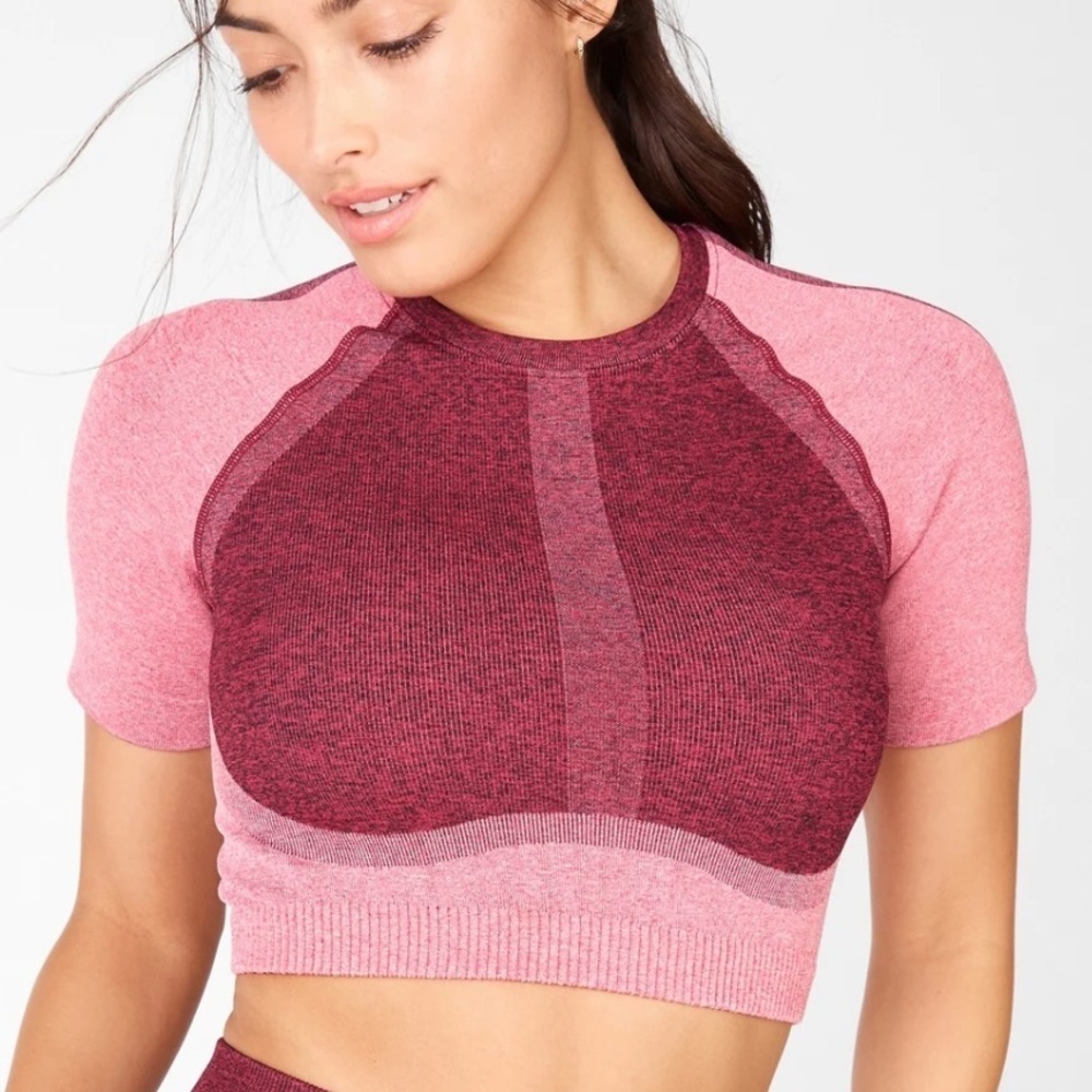 Fabletics Pink Heather Multi Helena Seamless Short Sleeve Crop Top Size Small